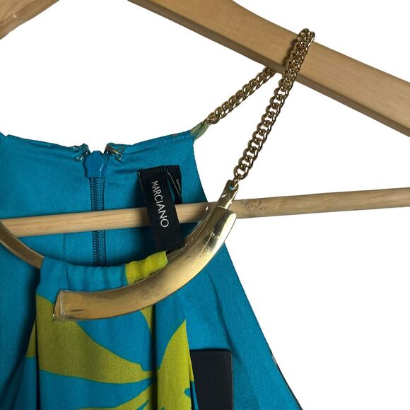 Marciano Blue Tropical Floral Print Halter Gold Chain Asymmetric Top Size Small - Picture 3 of 11